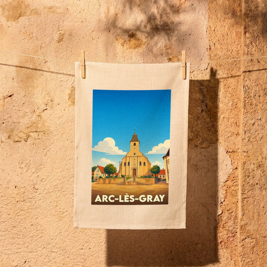 Torchon souvenir de la ville de Arc-lès-Gray avec une illustration stylisée de son église.