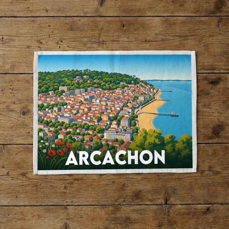 Torchon souvenir de la ville d'Arcachon avec une illustration panoramique stylisée.