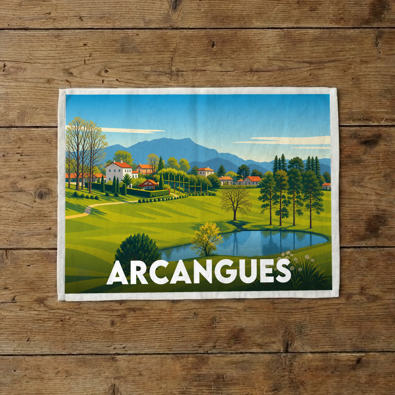 Torchon souvenir de la ville d'Arcangues avec une illustration de paysage stylisée.