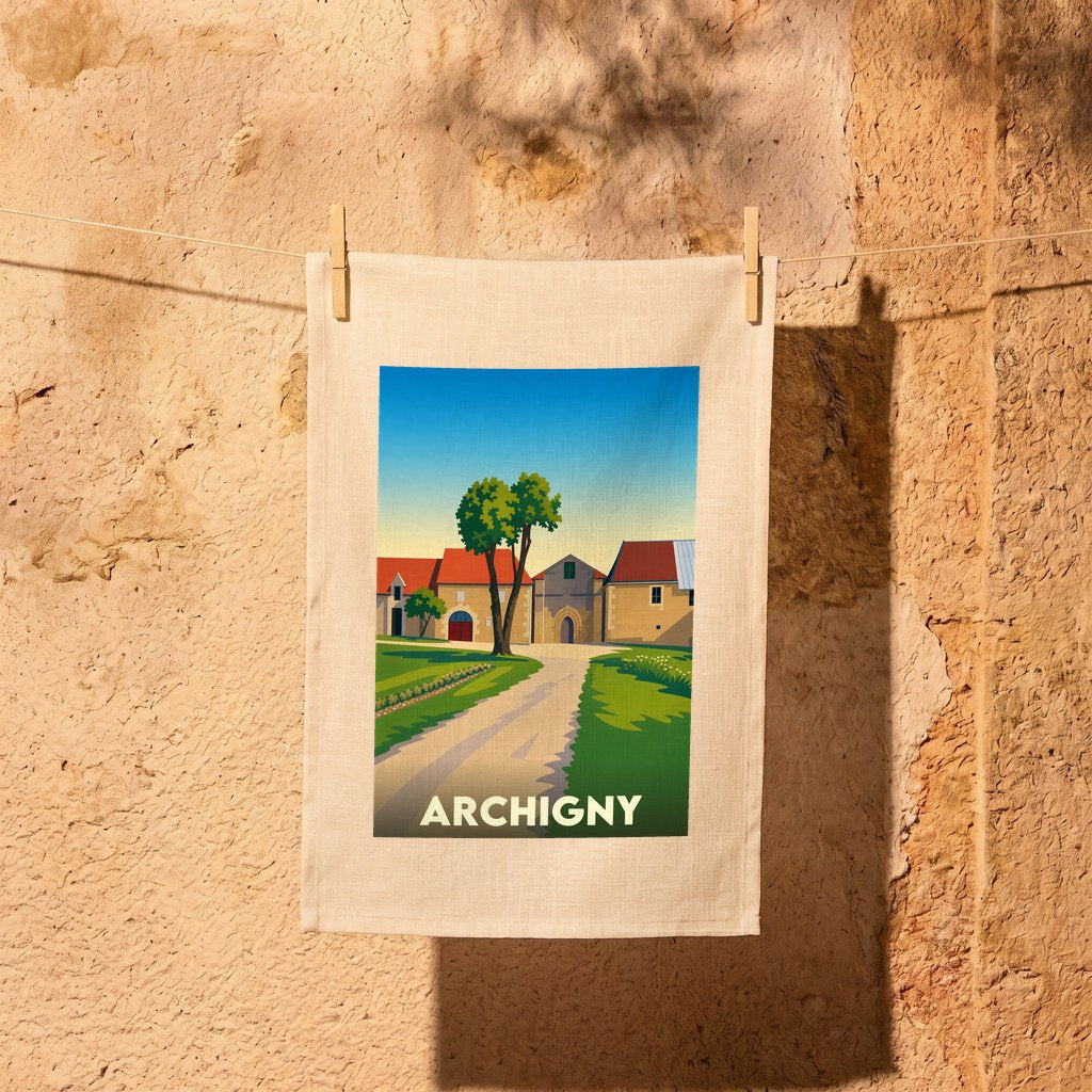 Torchon souvenir de la ville d'Archigny avec une illustration stylisée.