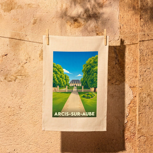 Torchon souvenir de la ville de Arcis-sur-Aube avec une illustration stylisée d'un château et de son parc.