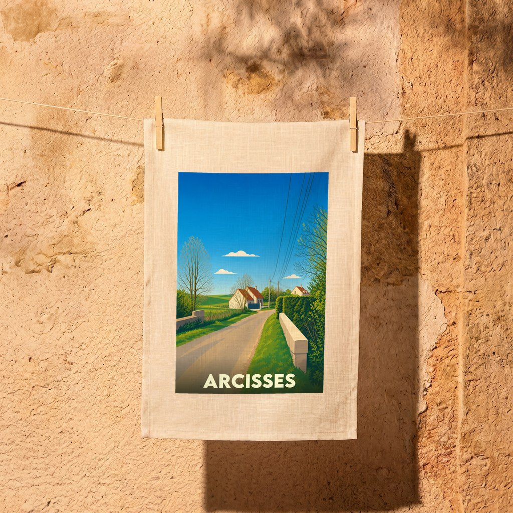 Torchon souvenir de la ville d'Arcisses orné d'une illustration paysagère stylisée.