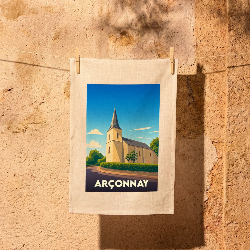 Torchon souvenir de la ville d'Arçonnay avec une illustration stylisée de son église.