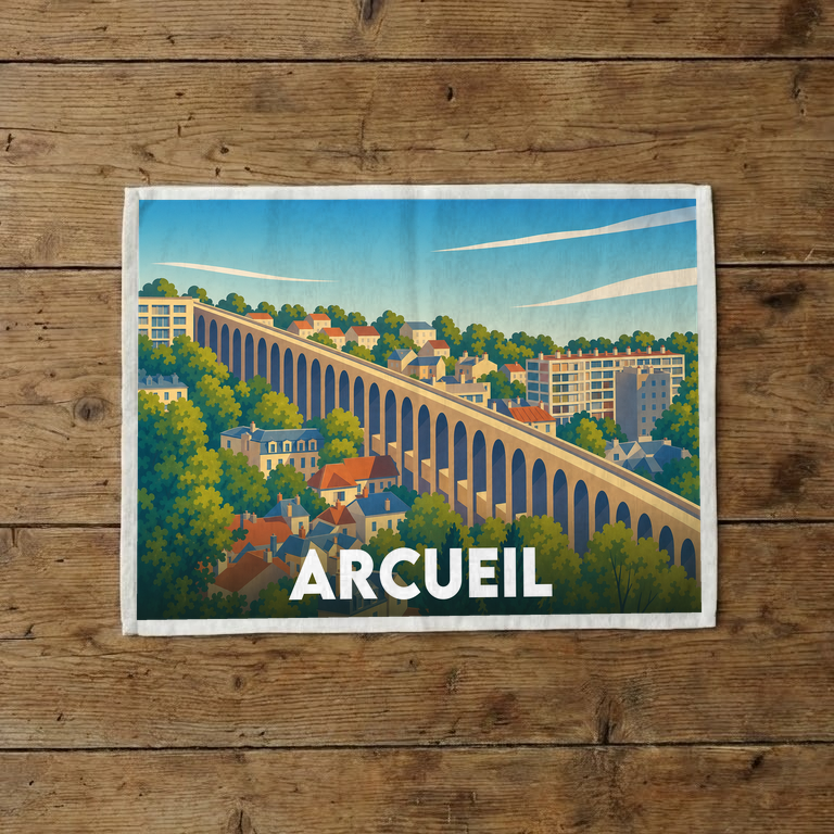 Torchon souvenir de la ville d'Arcueil orné d'une illustration stylisée représentant ses célèbres aqueducs.