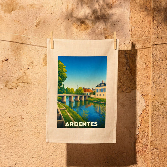 Torchon souvenir de la ville d'Ardentes illustré d'un paysage stylisé avec pont et rivière.