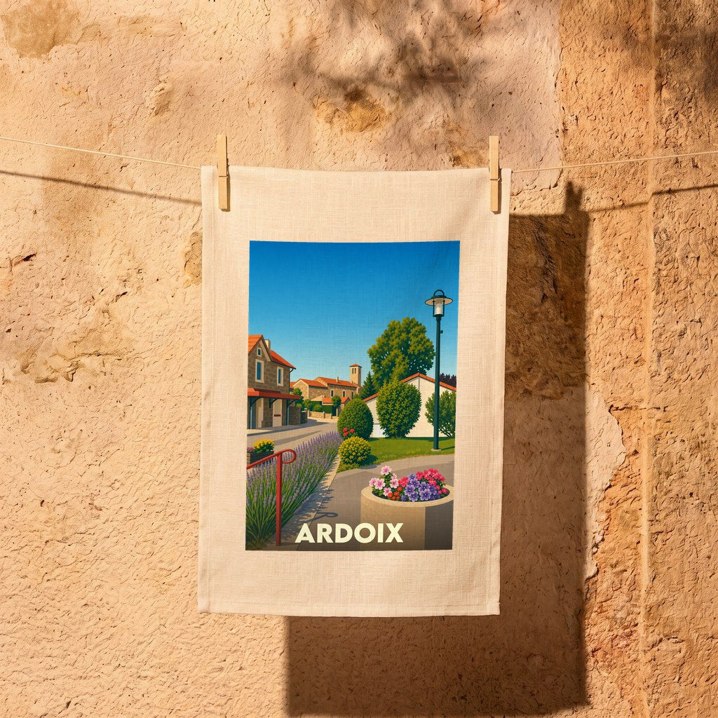 Torchon souvenir de la ville d'Ardoix orné d'une illustration stylisée d'un paysage urbain fleuri.