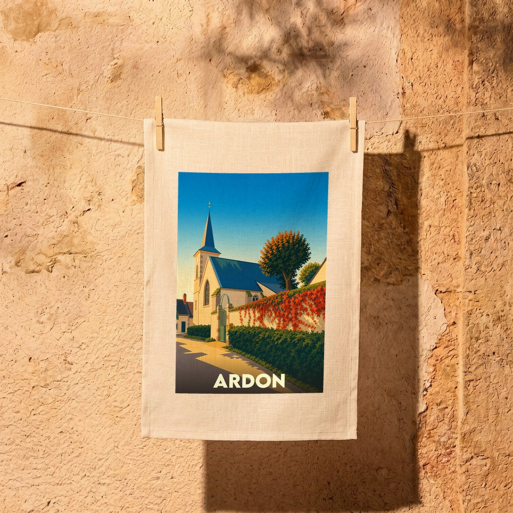 Torchon souvenir de la ville d'Ardon avec une illustration stylisée d'une église sous un ciel bleu.