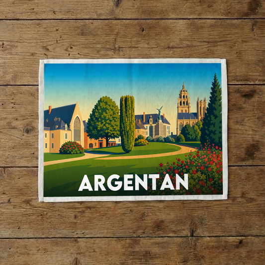 Torchon souvenir de la ville d'Argentan avec une illustration stylisée.