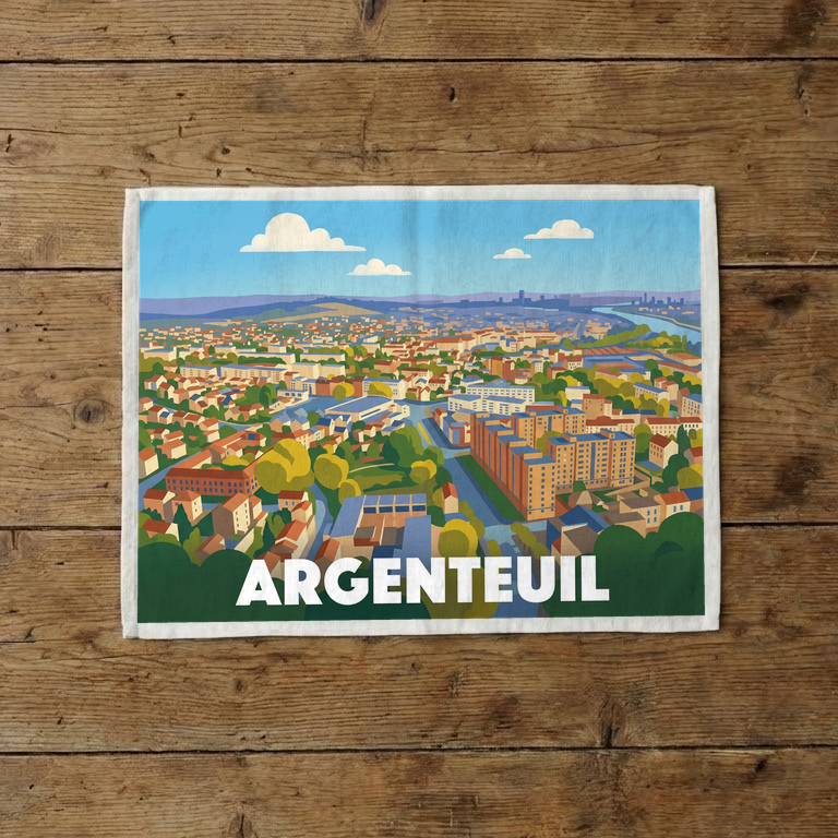 Torchon souvenir de la ville d'Argenteuil illustré d'un paysage urbain stylisé et coloré.