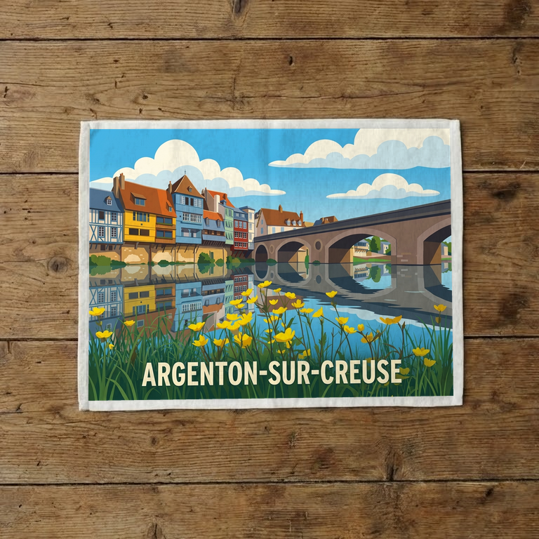 Torchon souvenir de la ville d'Argenton-sur-Creuse avec une illustration stylisée.