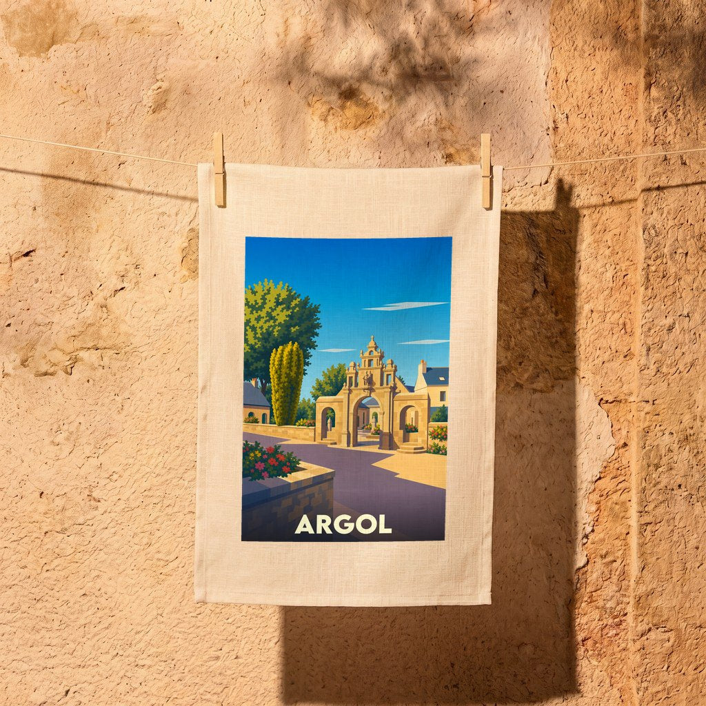 Torchon souvenir de la ville d'Argol avec une illustration stylisée de son enclos paroissial.