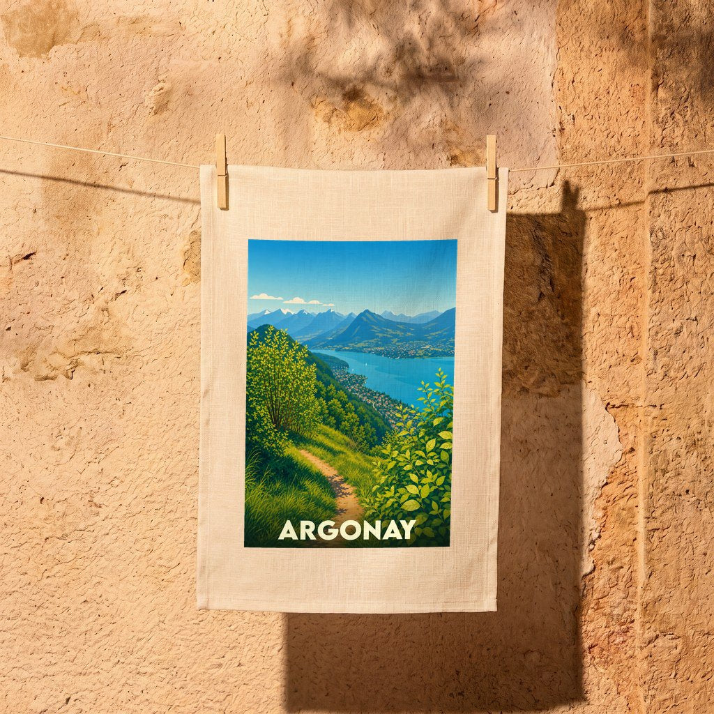 Torchon souvenir de la ville d'Argonay avec une illustration de paysage montagneux.