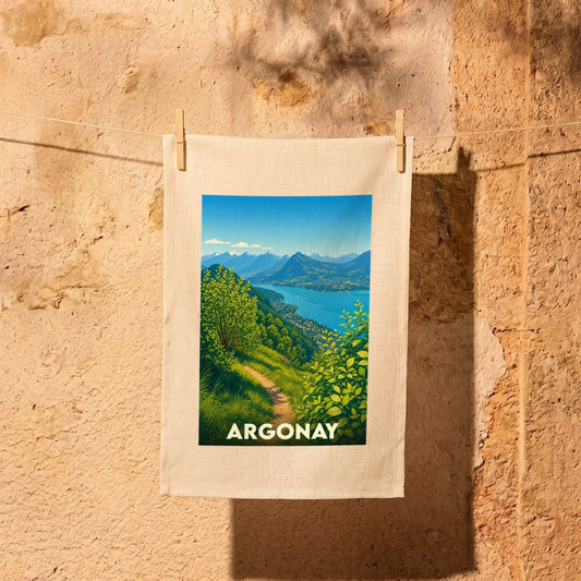 Torchon souvenir de la ville d'Argonay avec une illustration de paysage montagneux.