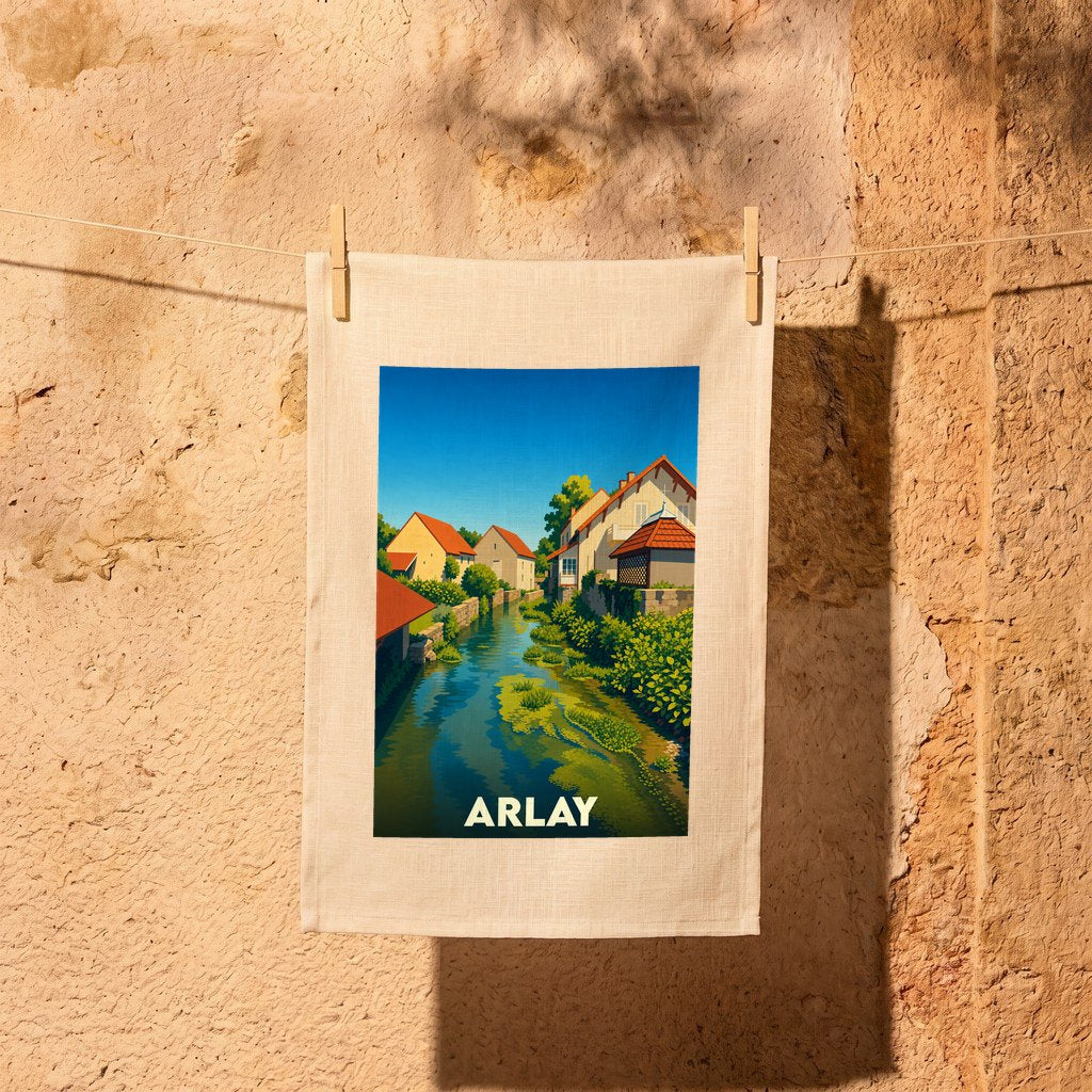 Torchon souvenir de la ville d'Arlay illustrant un canal bordé de maisons pittoresques dans un style graphique épuré.