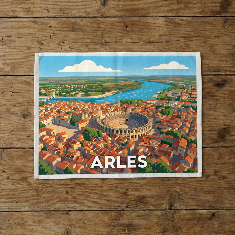 Torchon souvenir de la ville d'Arles avec une illustration stylisée de ses arènes et du Rhône.
