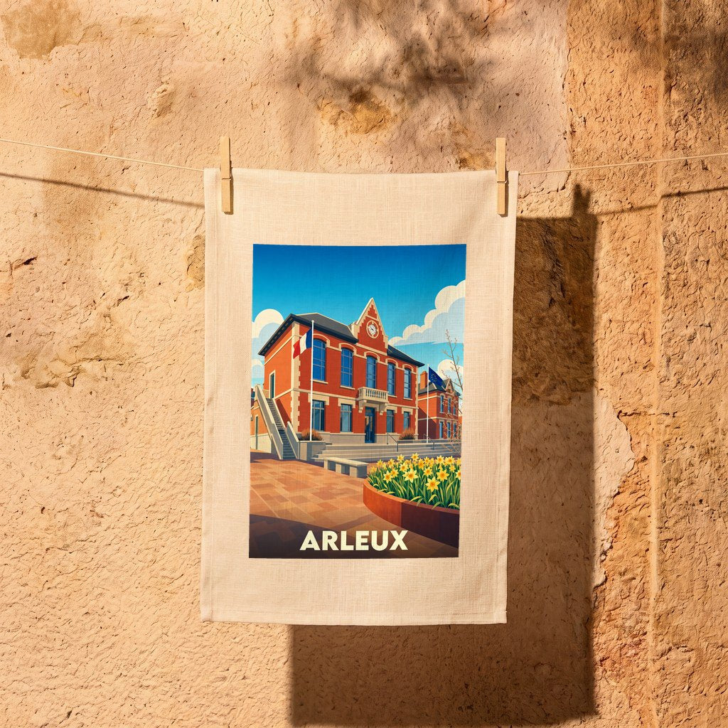 Torchon souvenir de la ville d'Arleux orné d'une illustration stylisée de son hôtel de ville.