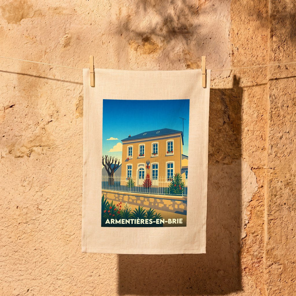 Torchon souvenir de la ville d'Armentières-en-Brie avec une illustration stylisée d'un bâtiment typique.