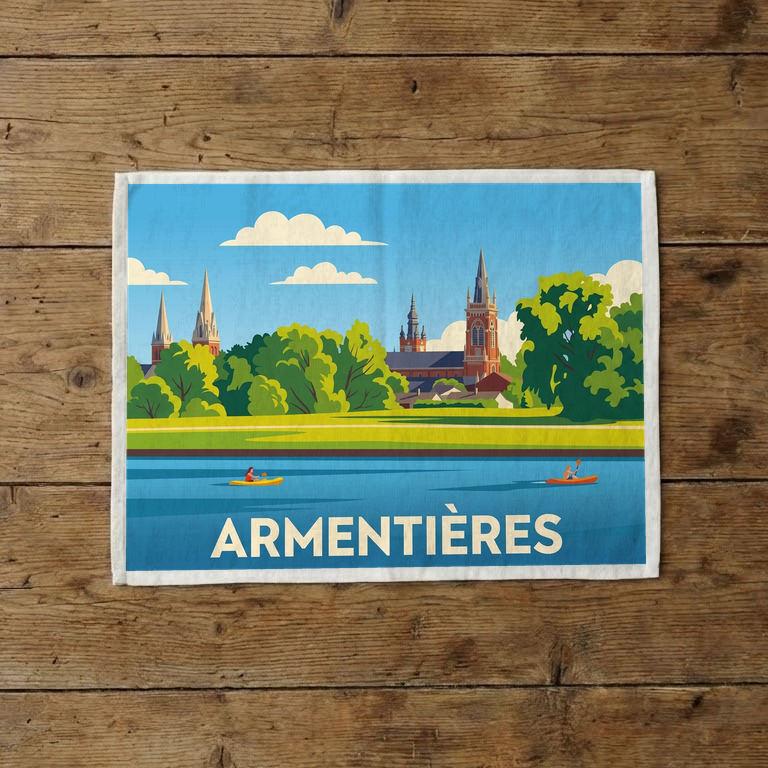 Torchon souvenir de la ville d'Armentières avec une illustration stylisée.