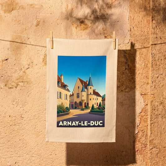 Torchon souvenir de la ville d'Arnay-le-Duc avec une illustration stylisée de son architecture historique.