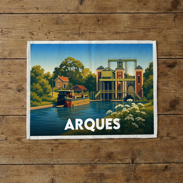 Torchon souvenir de la ville d'Arques illustrant son célèbre ascenseur à bateaux dans un style vintage.