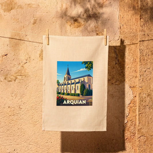 Torchon souvenir de la ville d'Arquian avec une illustration stylisée d'une église.