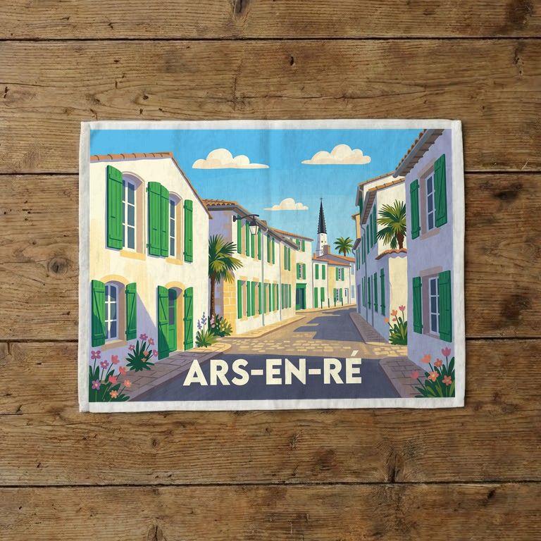 Torchon souvenir de la ville d'Ars-en-Ré avec une illustration stylisée d'une ruelle typique.