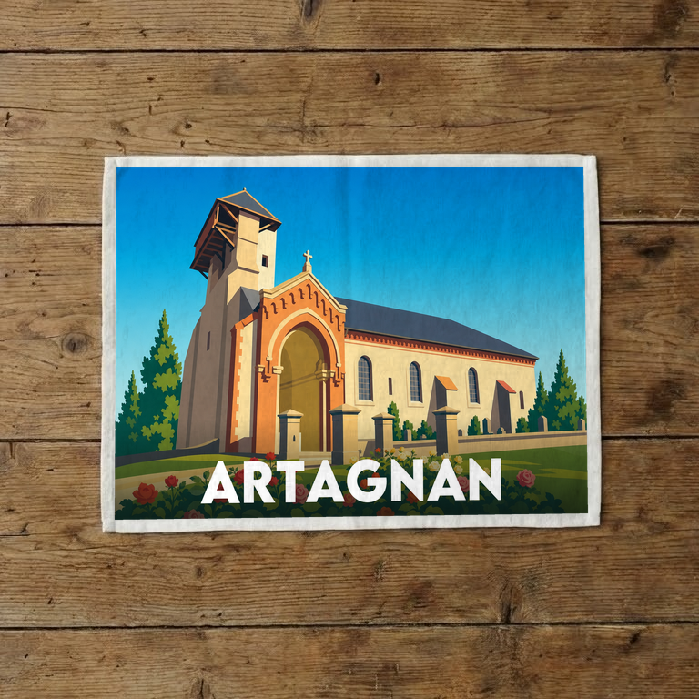 Torchon souvenir de la ville d'Artagnan avec une illustration stylisée de son église.