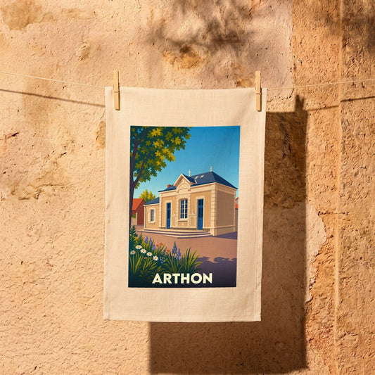Torchon souvenir de la ville d'Arthon avec une illustration stylisée.