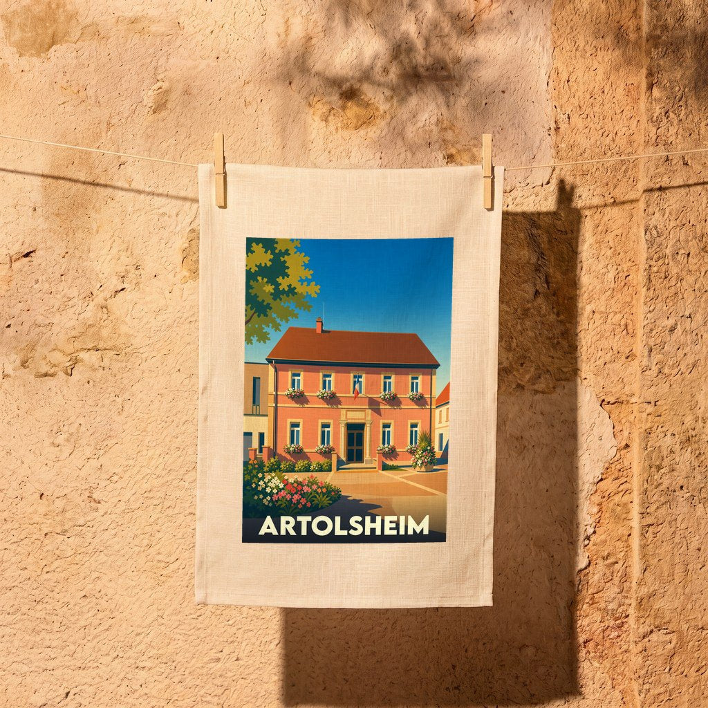 Torchon souvenir de la ville d'Artolsheim avec une illustration stylisée de sa mairie.
