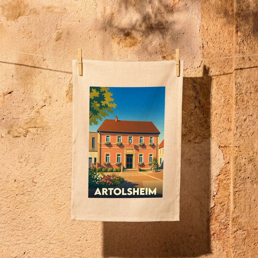 Torchon souvenir de la ville d'Artolsheim avec une illustration stylisée de sa mairie.
