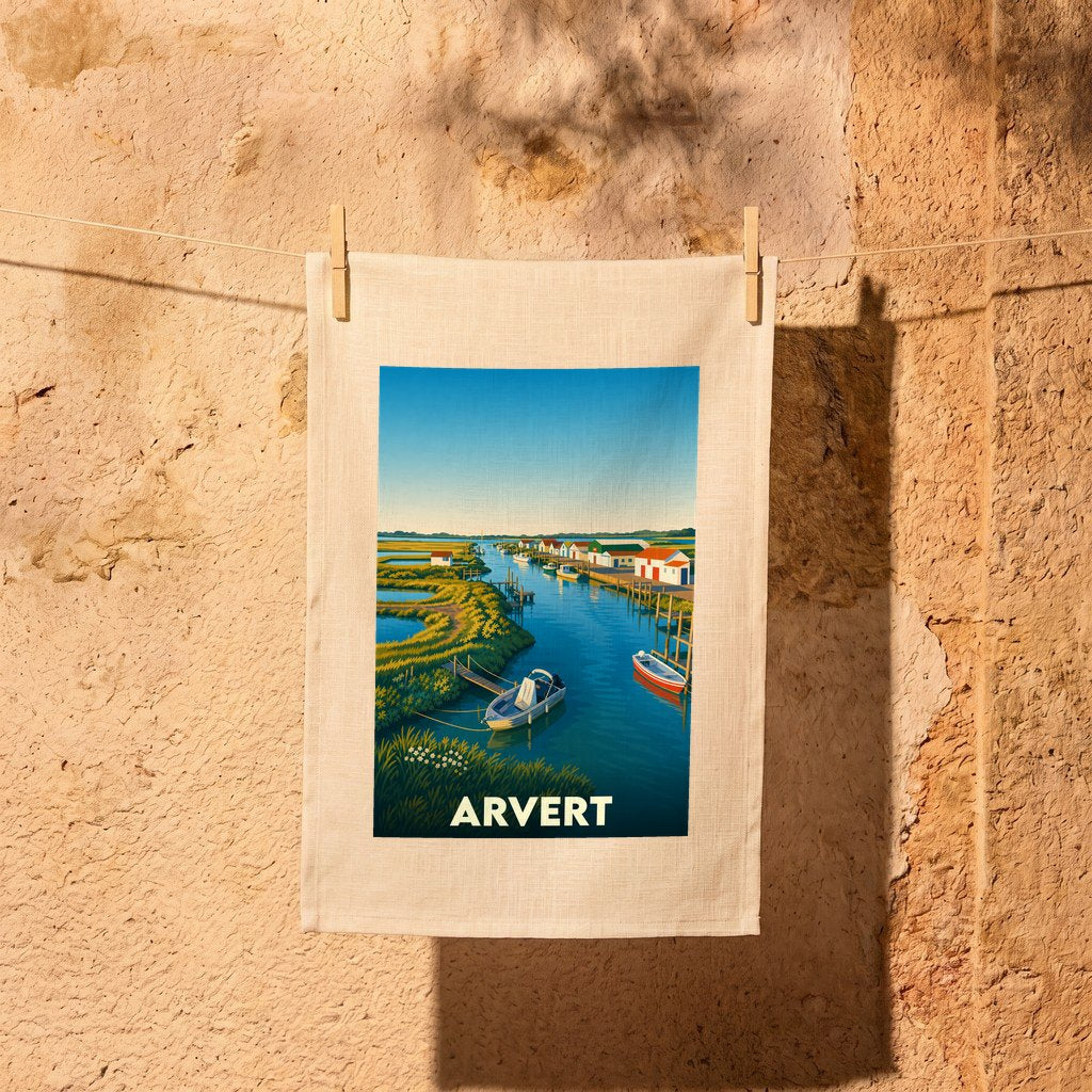 Torchon souvenir de la ville d'Arvert avec une illustration stylisée d'un port ostréicole.
