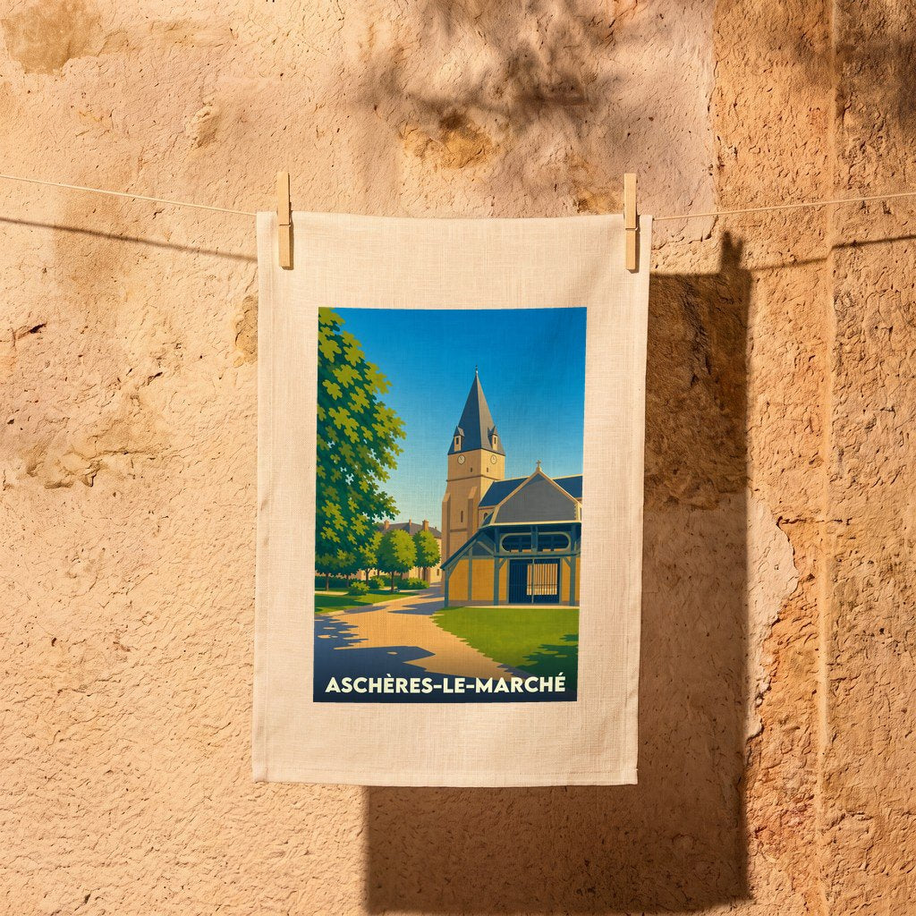 Torchon souvenir de la ville d'Aschères-le-Marché avec une illustration stylisée de son église et de sa halle.