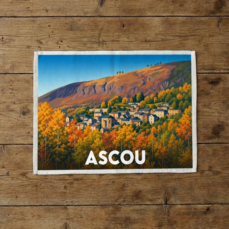 Torchon souvenir de la ville d'Ascou avec une illustration stylisée de son paysage montagneux en automne.