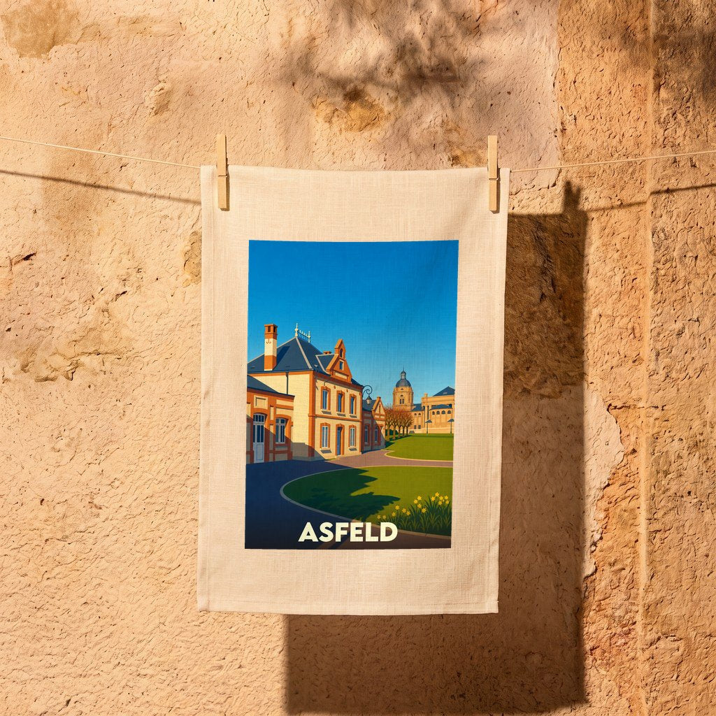 Torchon souvenir de la ville d'Asfeld avec une illustration stylisée et colorée.