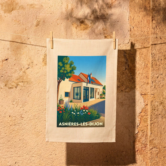 Torchon souvenir de la ville d'Asnières-lès-Dijon avec une illustration stylisée de sa mairie.