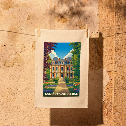 Torchon souvenir de la ville d'Asnières-sur-Oise avec une illustration stylisée de son château.