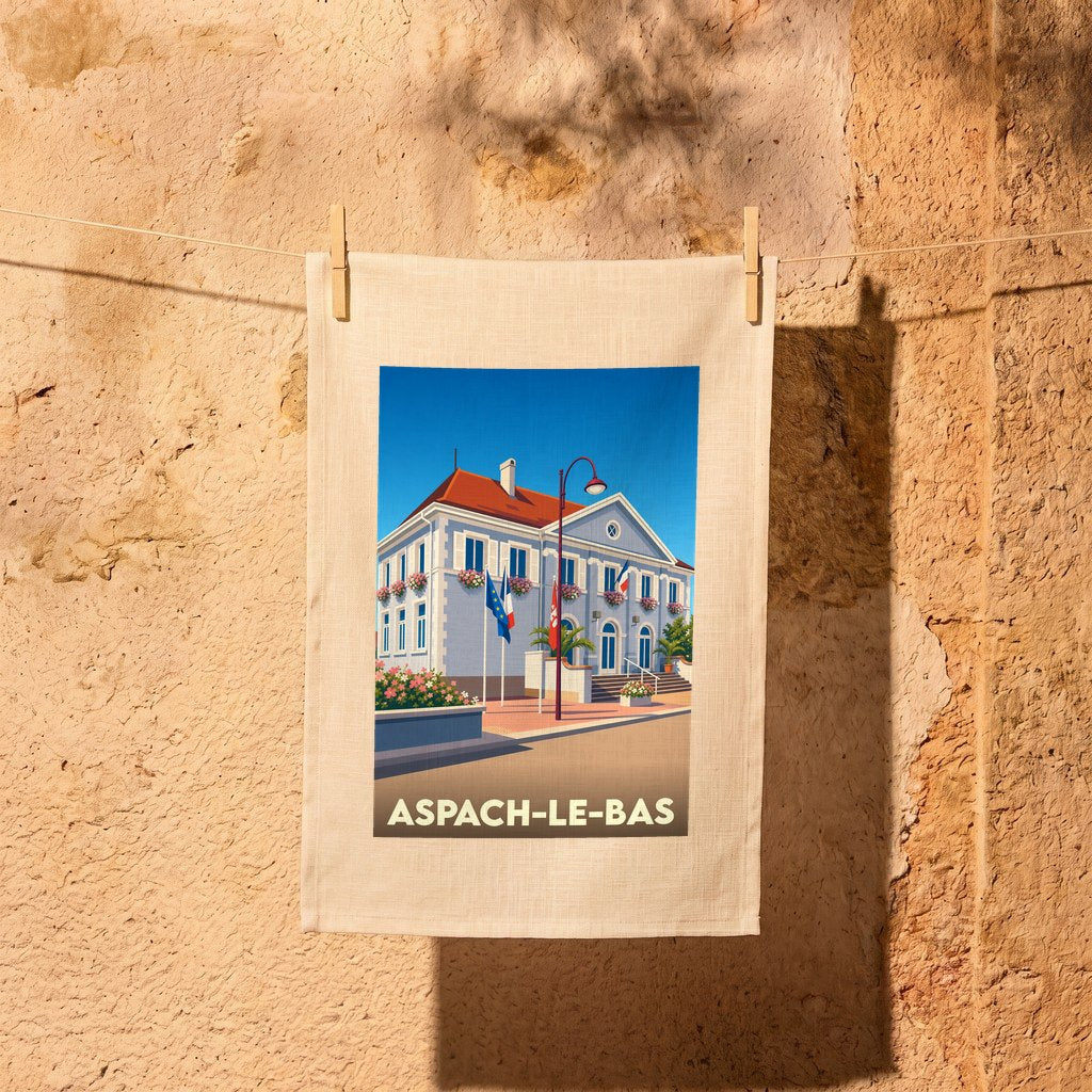 Torchon souvenir de la ville d'Aspach-le-Bas avec une illustration stylisée de sa mairie.