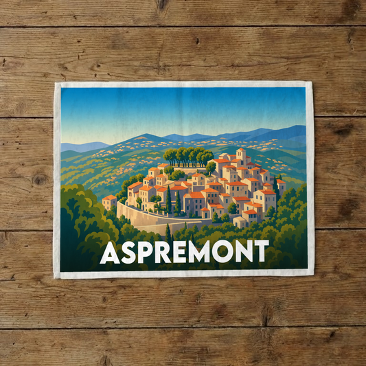 Torchon souvenir de la ville d'Aspremont avec une illustration stylisée du village perché.