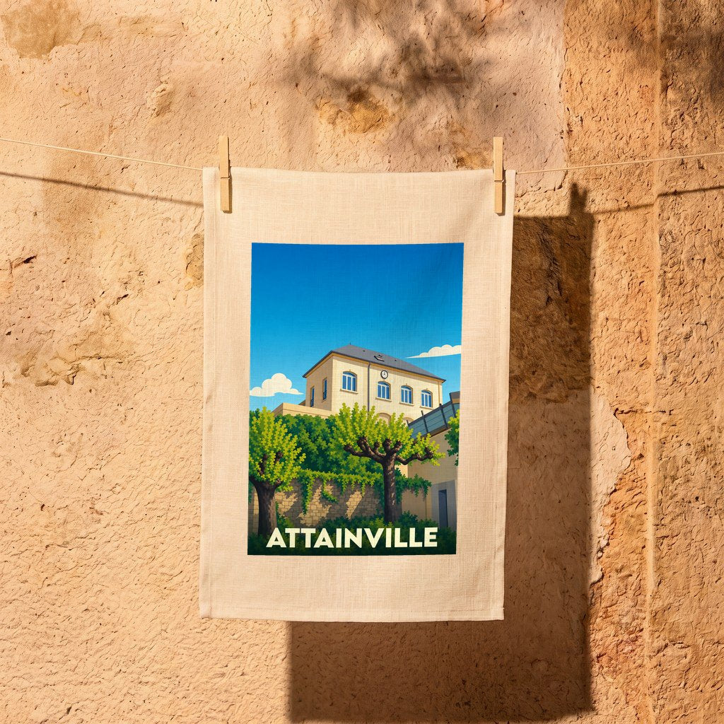 Torchon souvenir de la ville d'Attainville avec une illustration stylisée d'un bâtiment emblématique et de sa végétation.