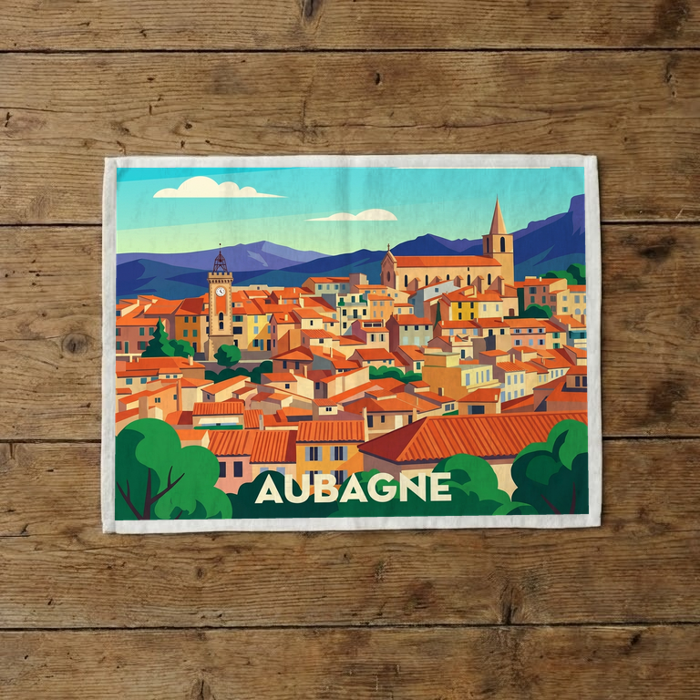 Torchon souvenir de la ville d'Aubagne avec une illustration stylisée et colorée de ses paysages provençaux.