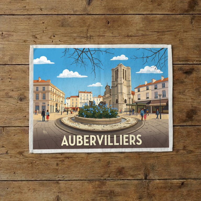 Torchon souvenir de la ville d'Aubervilliers avec une illustration stylisée.
