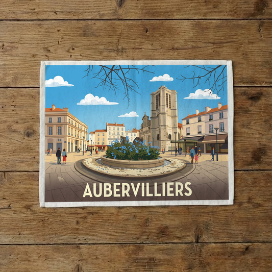 Torchon souvenir de la ville d'Aubervilliers avec une illustration stylisée.