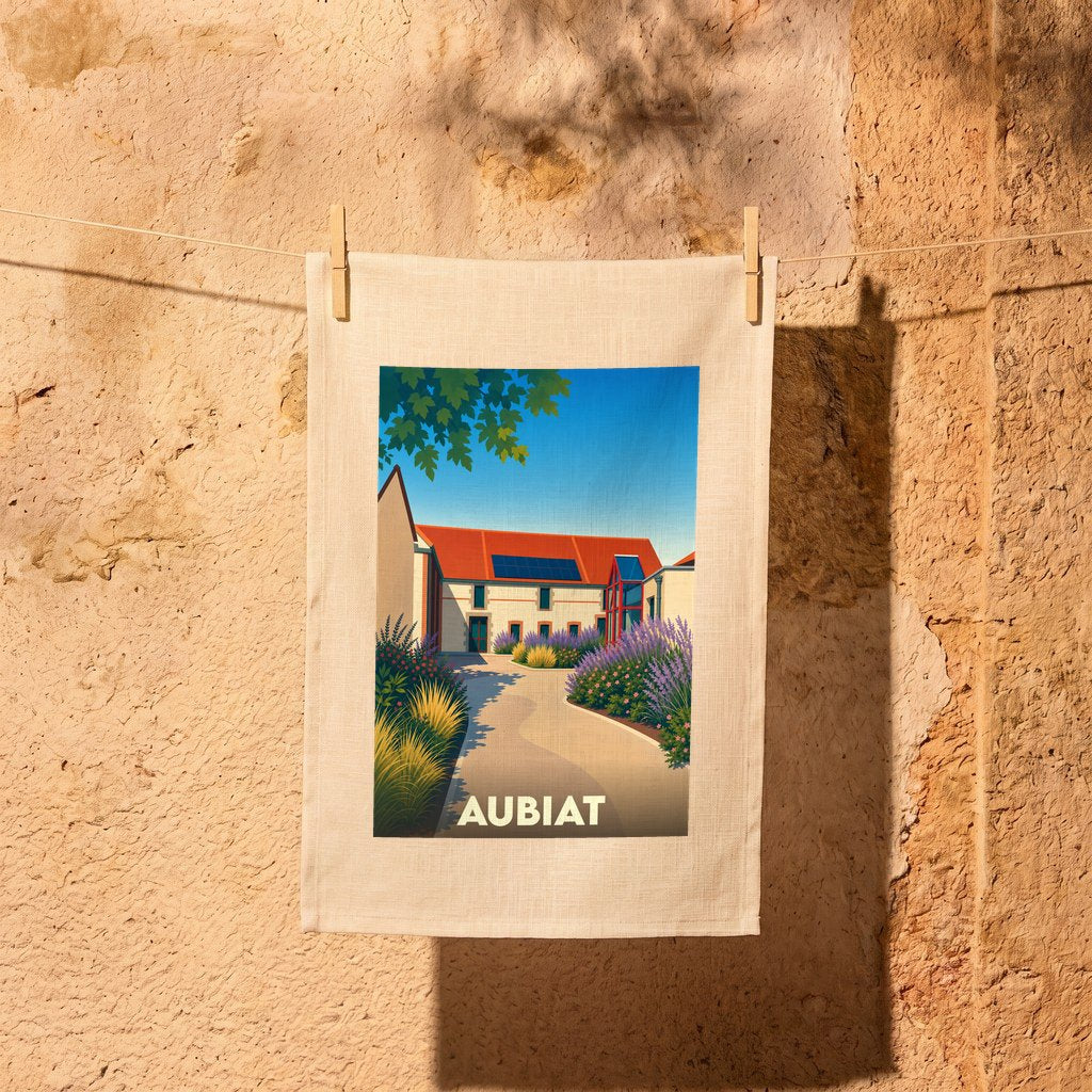 Torchon souvenir de la ville d'Aubiat orné d'une illustration stylisée de ses paysages et bâtiments.