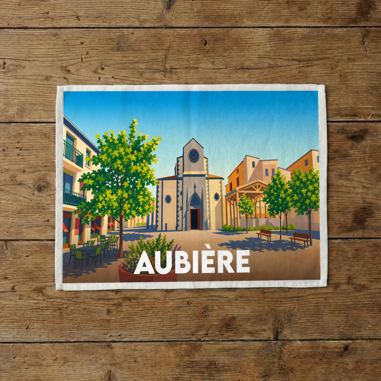 Torchon souvenir de la ville d'Aubière avec une illustration stylisée de sa place centrale.