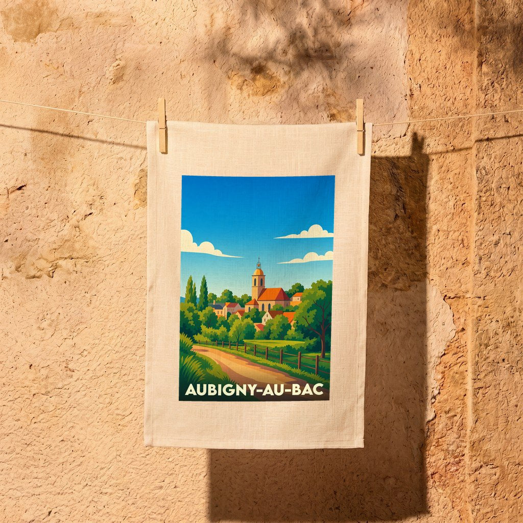 Torchon souvenir de la ville d'Aubigny-au-Bac avec une illustration stylisée.