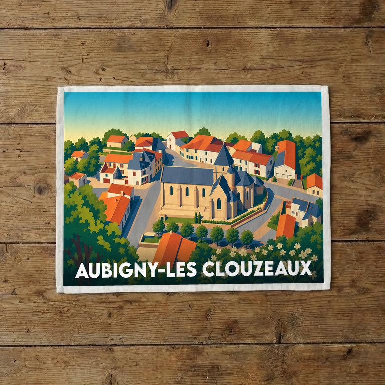 Torchon souvenir de la ville d'Aubigny-les-Clouzeaux avec une illustration stylisée de son église et de ses maisons.