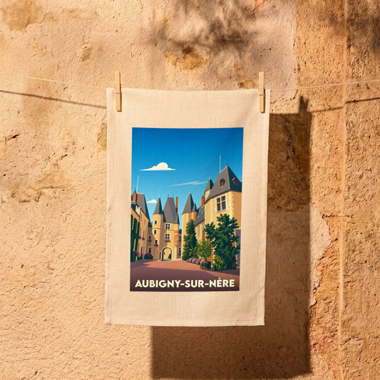 Torchon souvenir de la ville d'Aubigny-sur-Nère avec une illustration stylisée de son château.