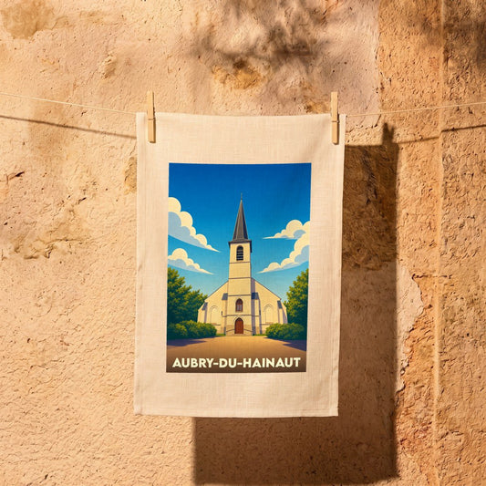 Torchon souvenir de la ville d'Aubry-du-Hainaut illustrant son église dans un style graphique épuré.