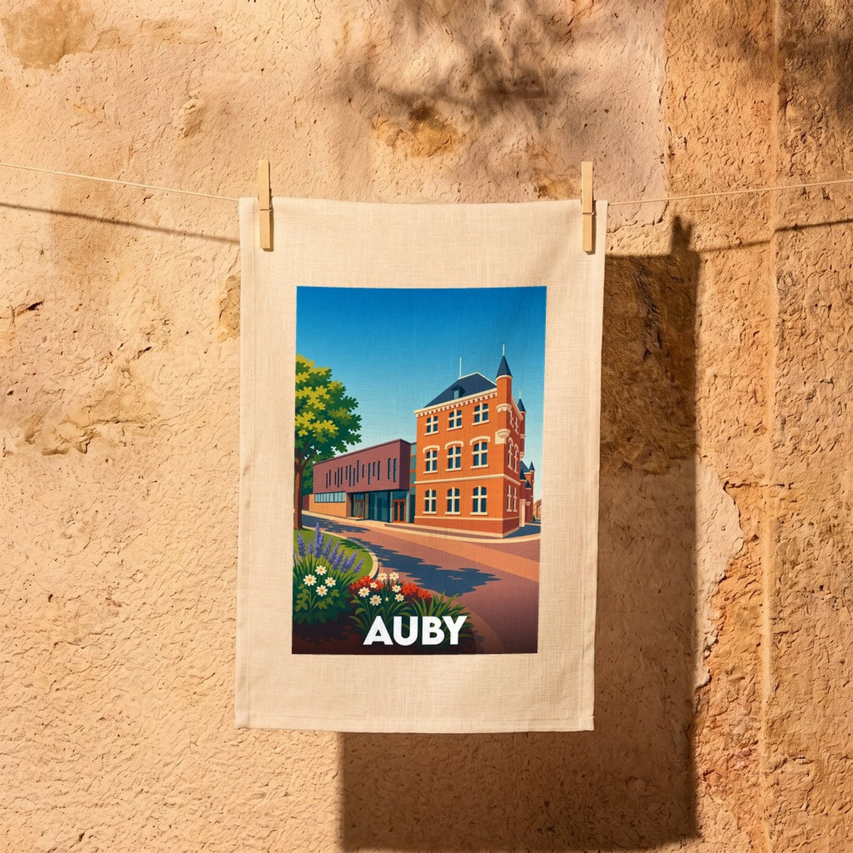Torchon souvenir de la ville d'Auby avec une illustration stylisée de son architecture locale.