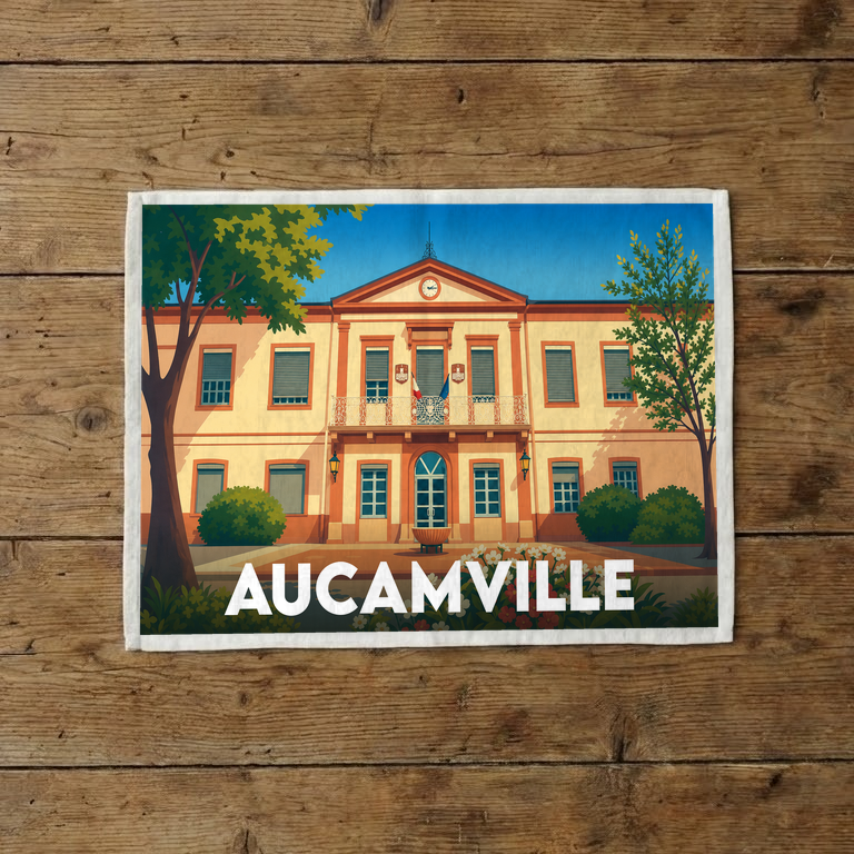 Torchon souvenir de la ville de Aucamville illustré d'une vue stylisée de la mairie.